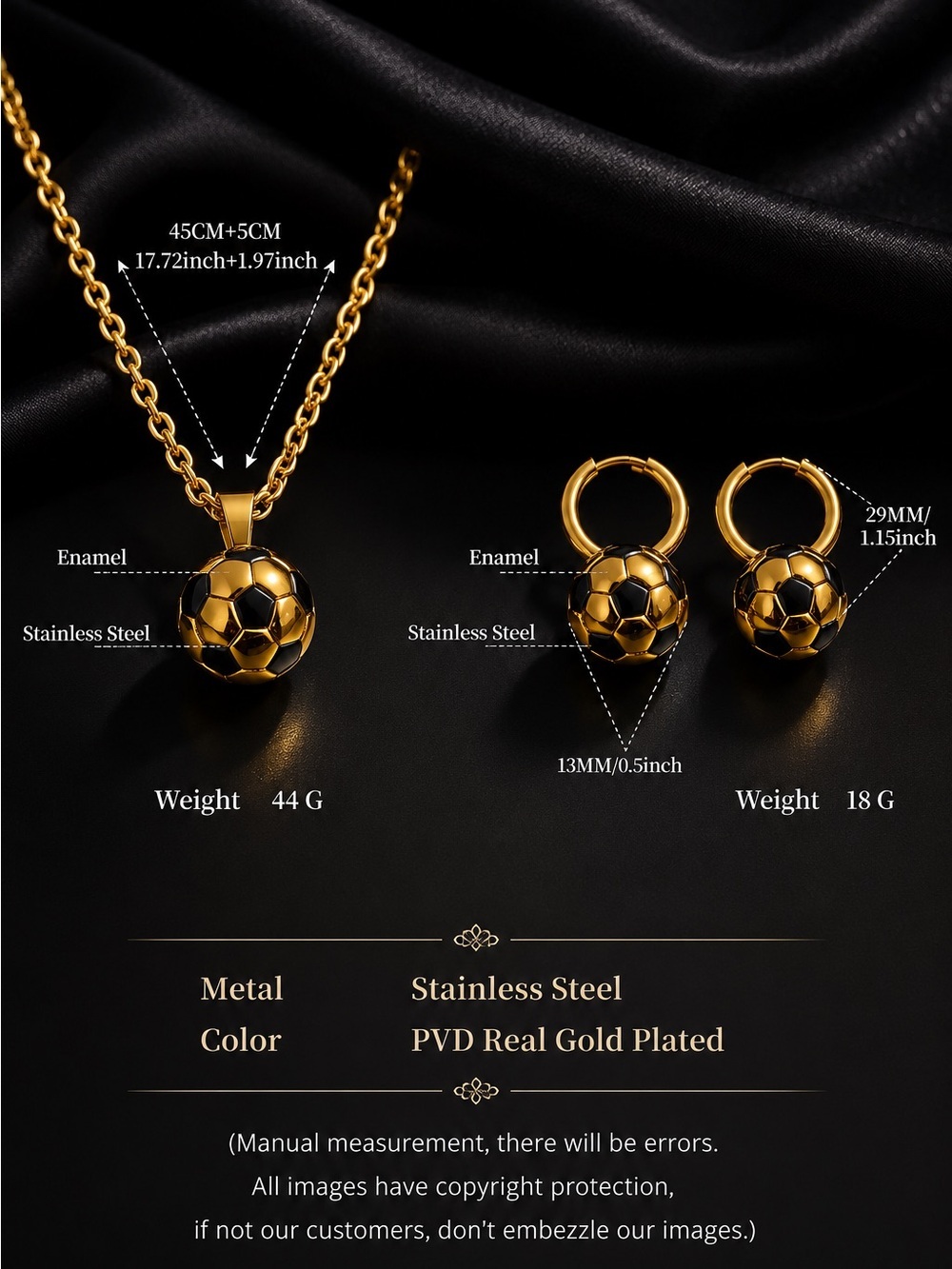 Gold and Black Soccer Ball Pendant Necklace with Matching Hoops - Picture 7 of 11